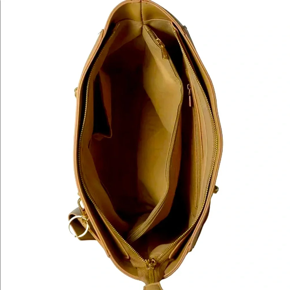 Bebe tan tote with beaded branding and card case